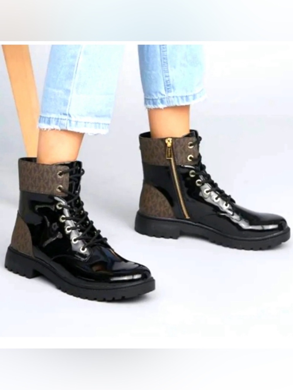 Michael Kors Alistair Boots Patent Leather Black Brown Combat Boot Size 8.5